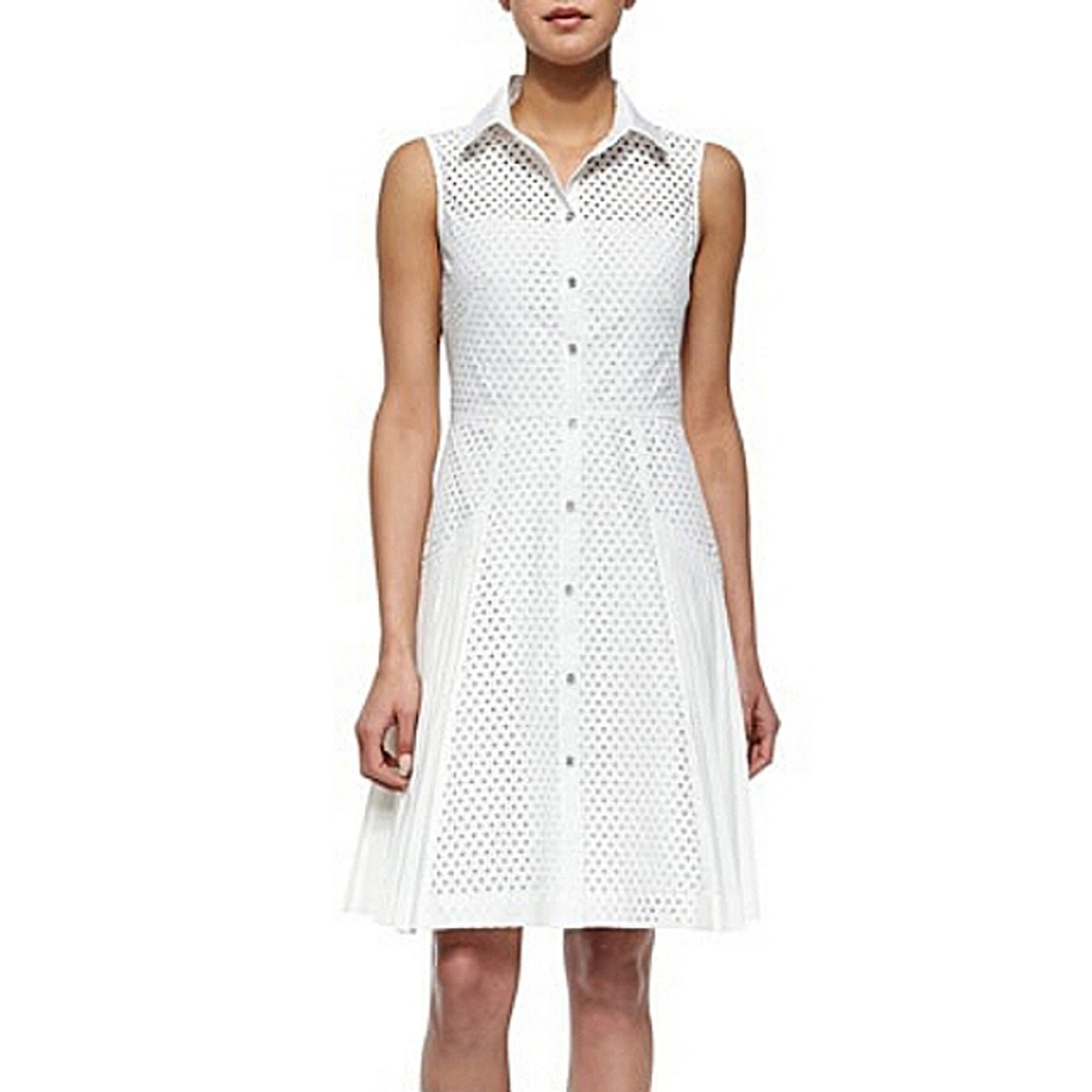 Lela Rose Eyelet Cutout Pleated Silk Lined Fit and Flare Dress Sz 8 White NWOT
